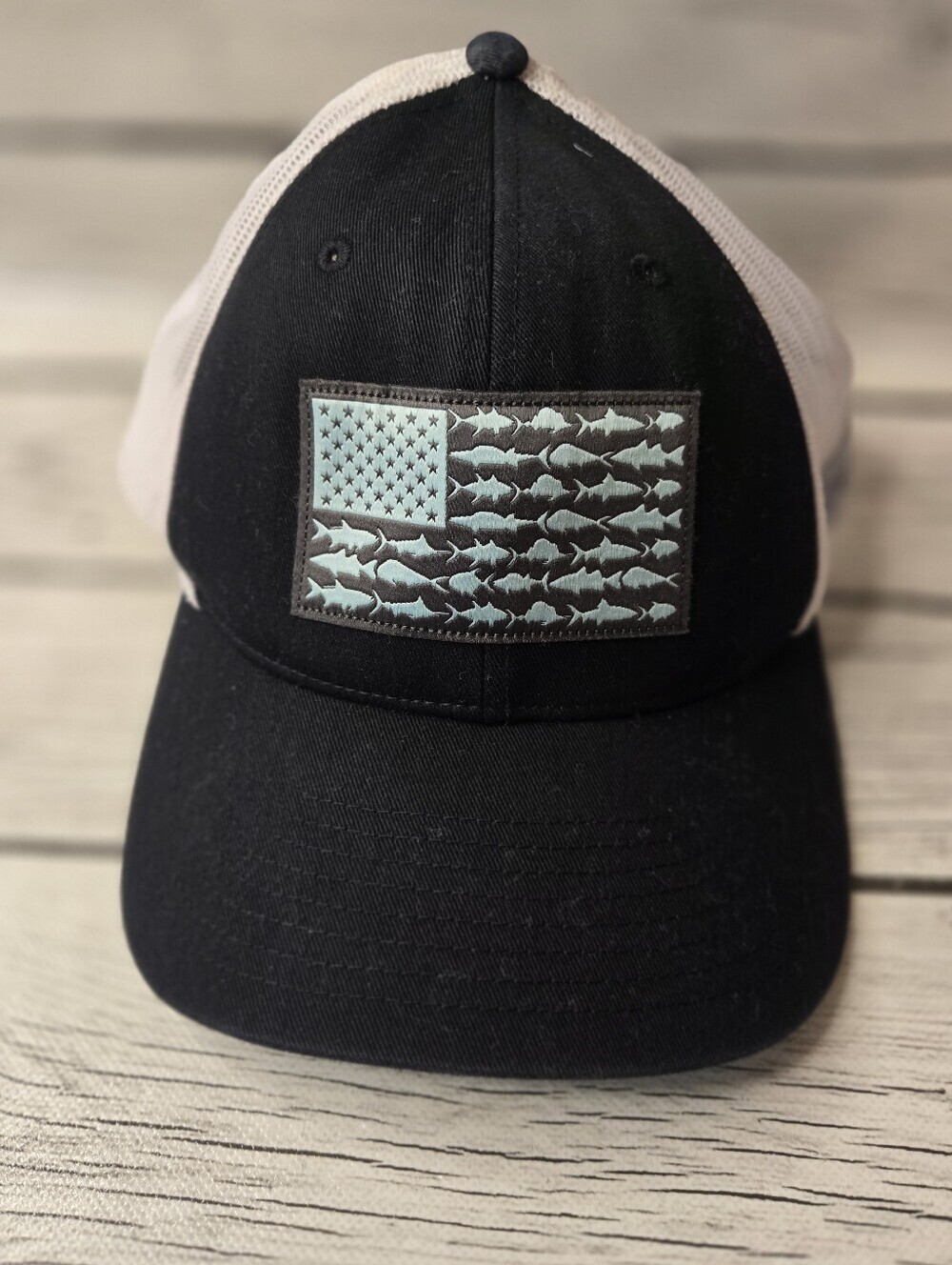 Columbia PFG Fish American Flag Mesh Snapback Hat Black White Aqua Fishing Cap